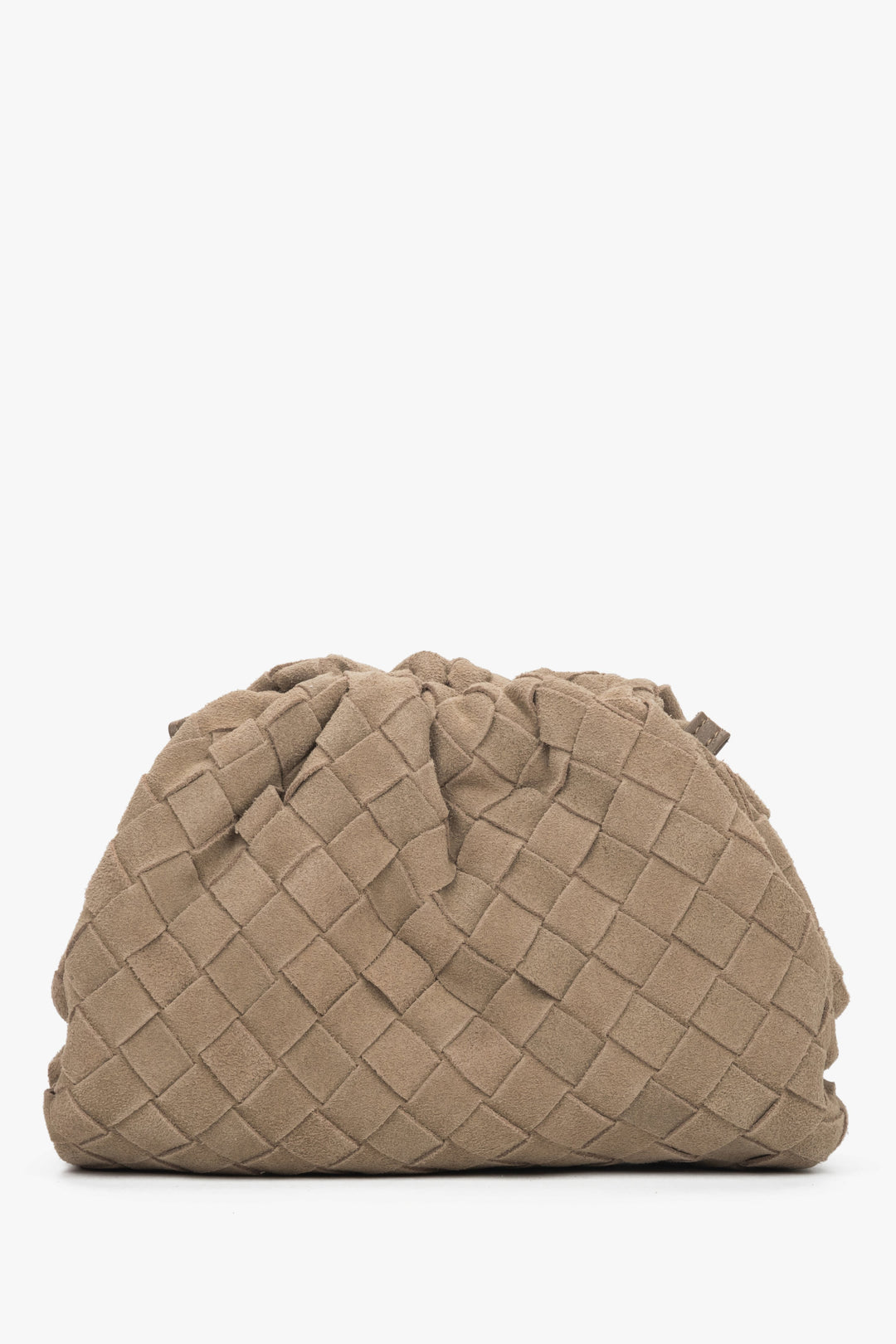 Damska mała, beżowa torebka typu worek z weluru naturalnego Estro.