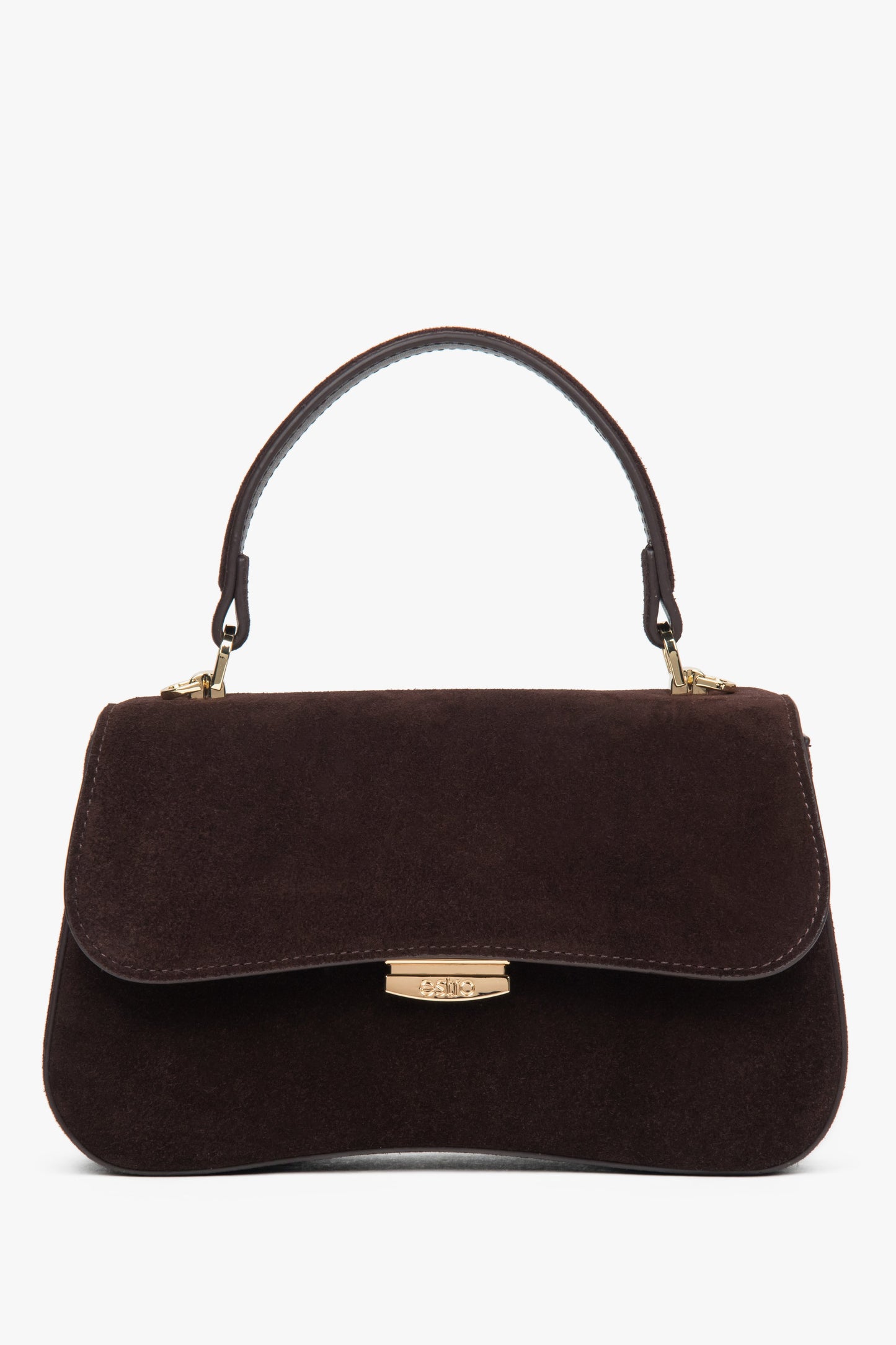 Mała ciemnobrązowa torebka damska typu kuferek z weluru naturalnego Estro ER00118722.