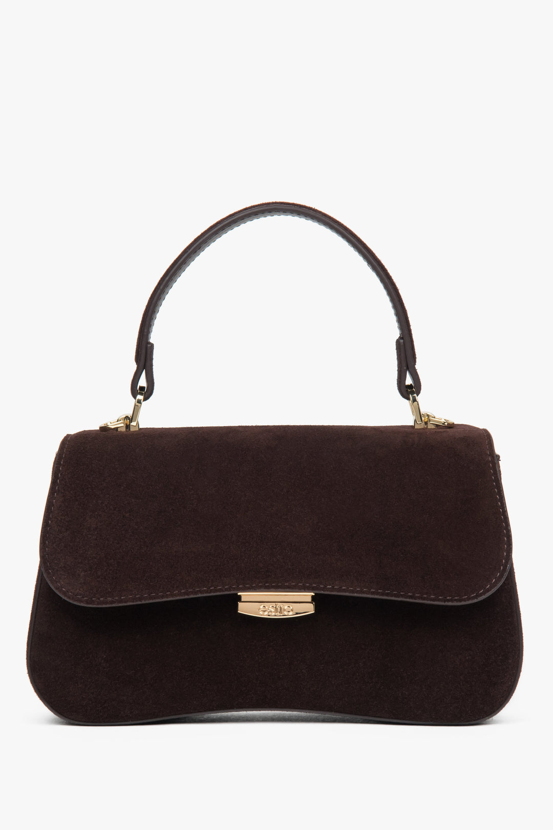 Mała ciemnobrązowa torebka damska typu kuferek z weluru naturalnego Estro ER00118722.
