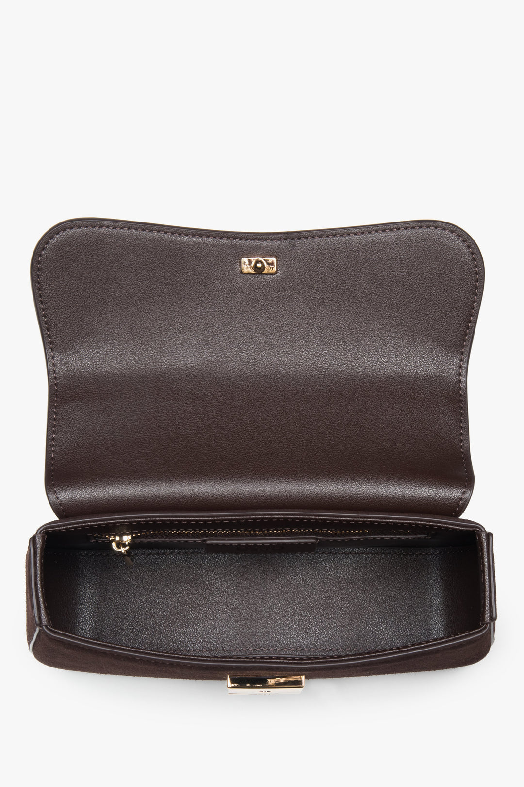 Damska mała, ciemnobrązowa torebka typu kuferek z weluru naturalnego Estro.