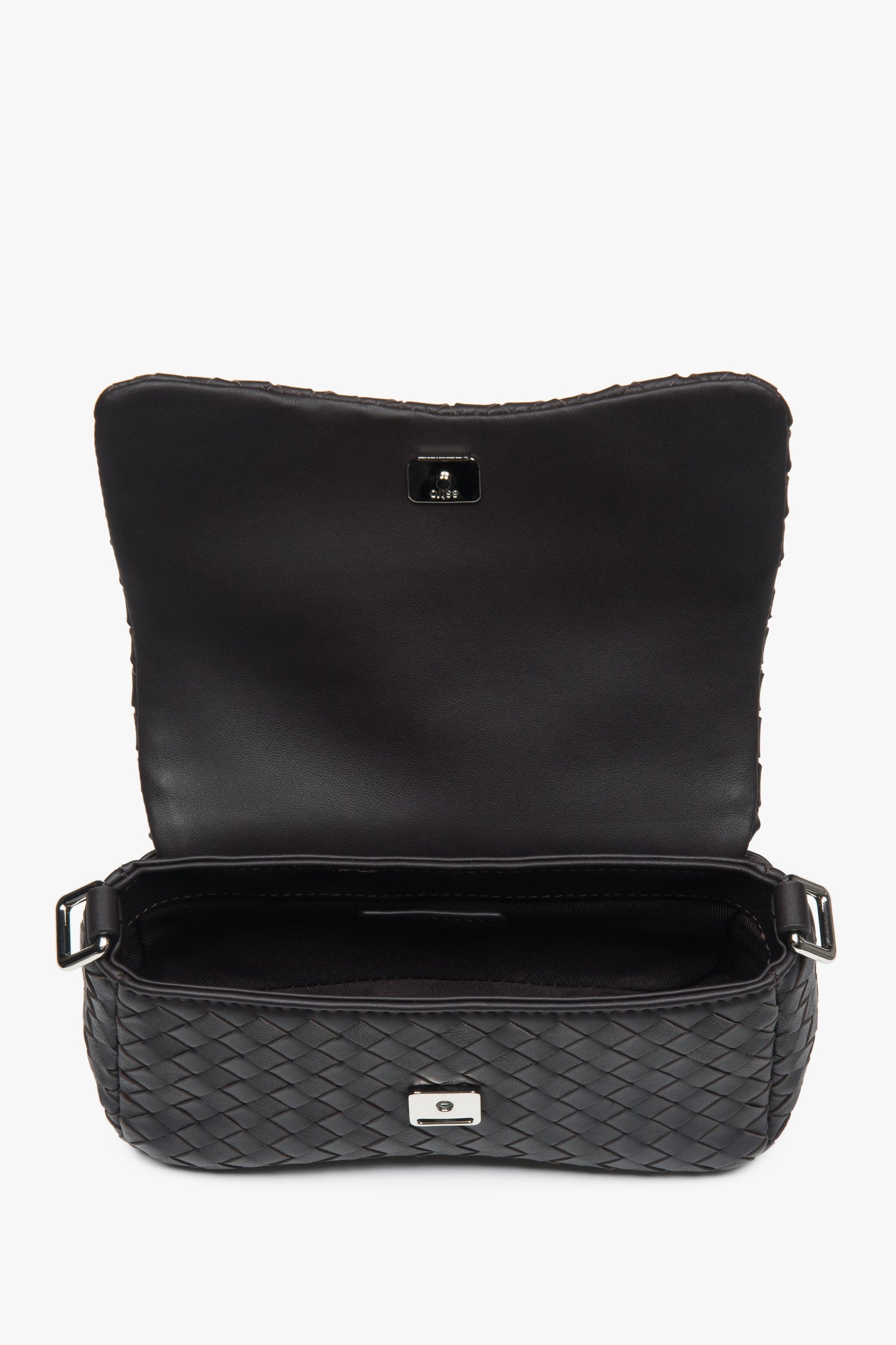 Torebka damska na ramię, mała, ciemnobrązowa, z plecionej skóry naturalnej, Estro.