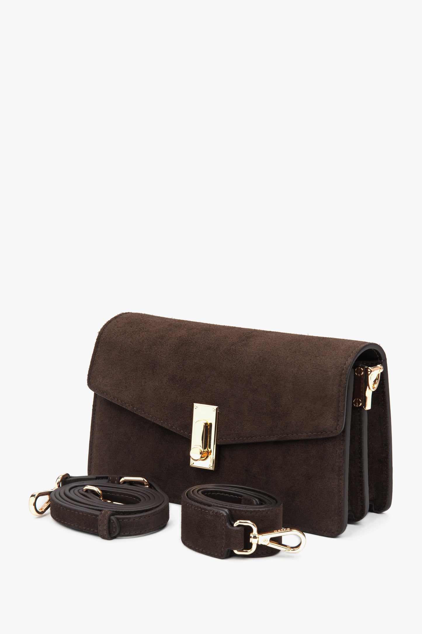 Damska mała, ciemnobrązowa torebka na ramię z weluru naturalnego Estro.