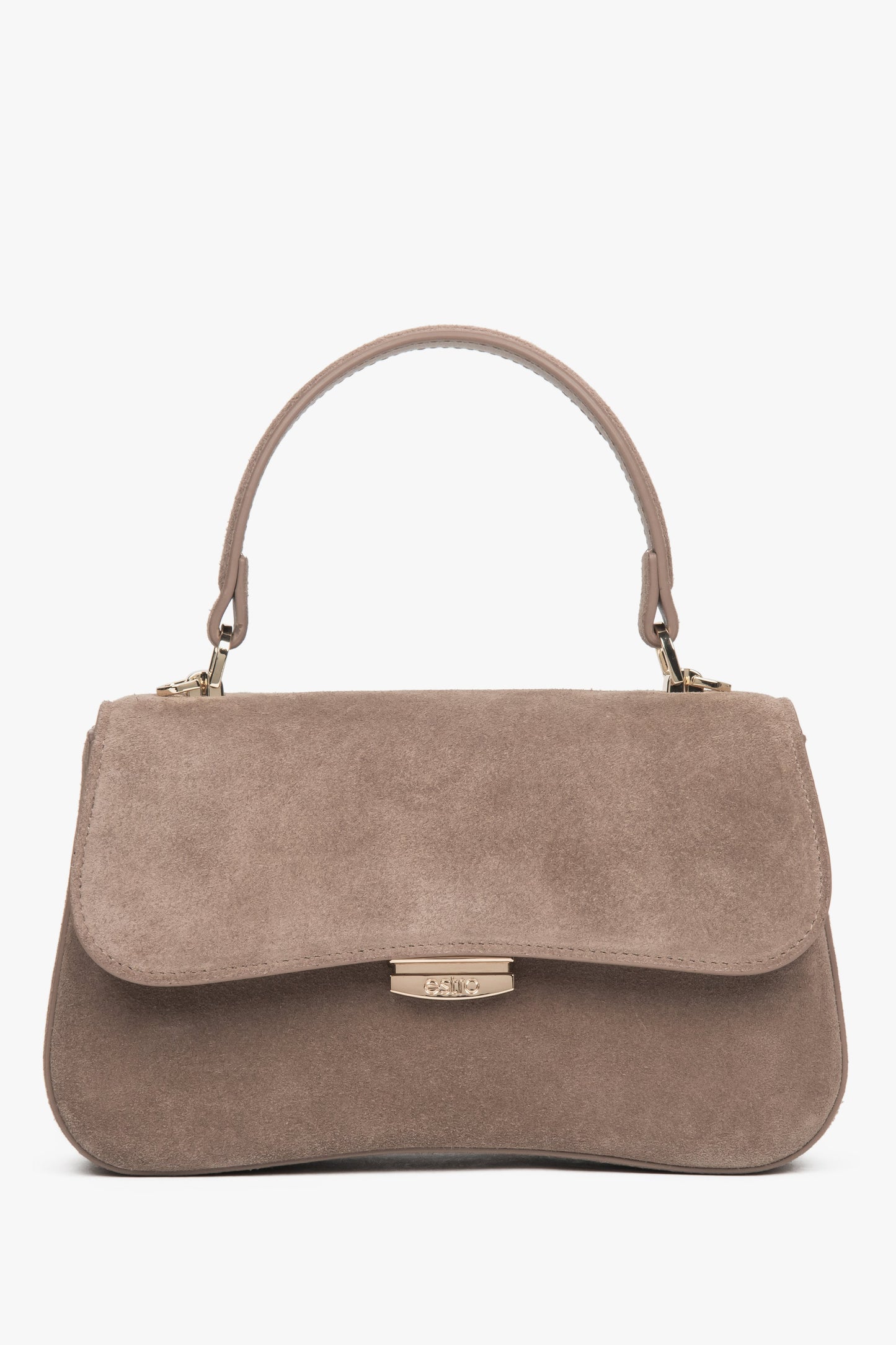 Mała jasnobrązowa torebka damska typu kuferek z weluru naturalnego Estro ER00118723.