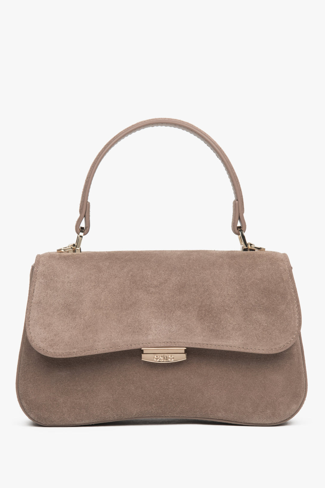 Mała jasnobrązowa torebka damska typu kuferek z weluru naturalnego Estro ER00118723.