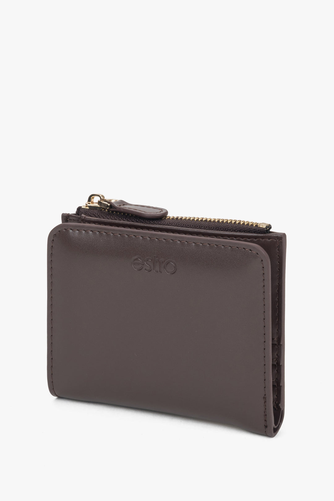 Portfel damski, mały, ciemnobrązowy, ze skóry naturalnej, Estro.