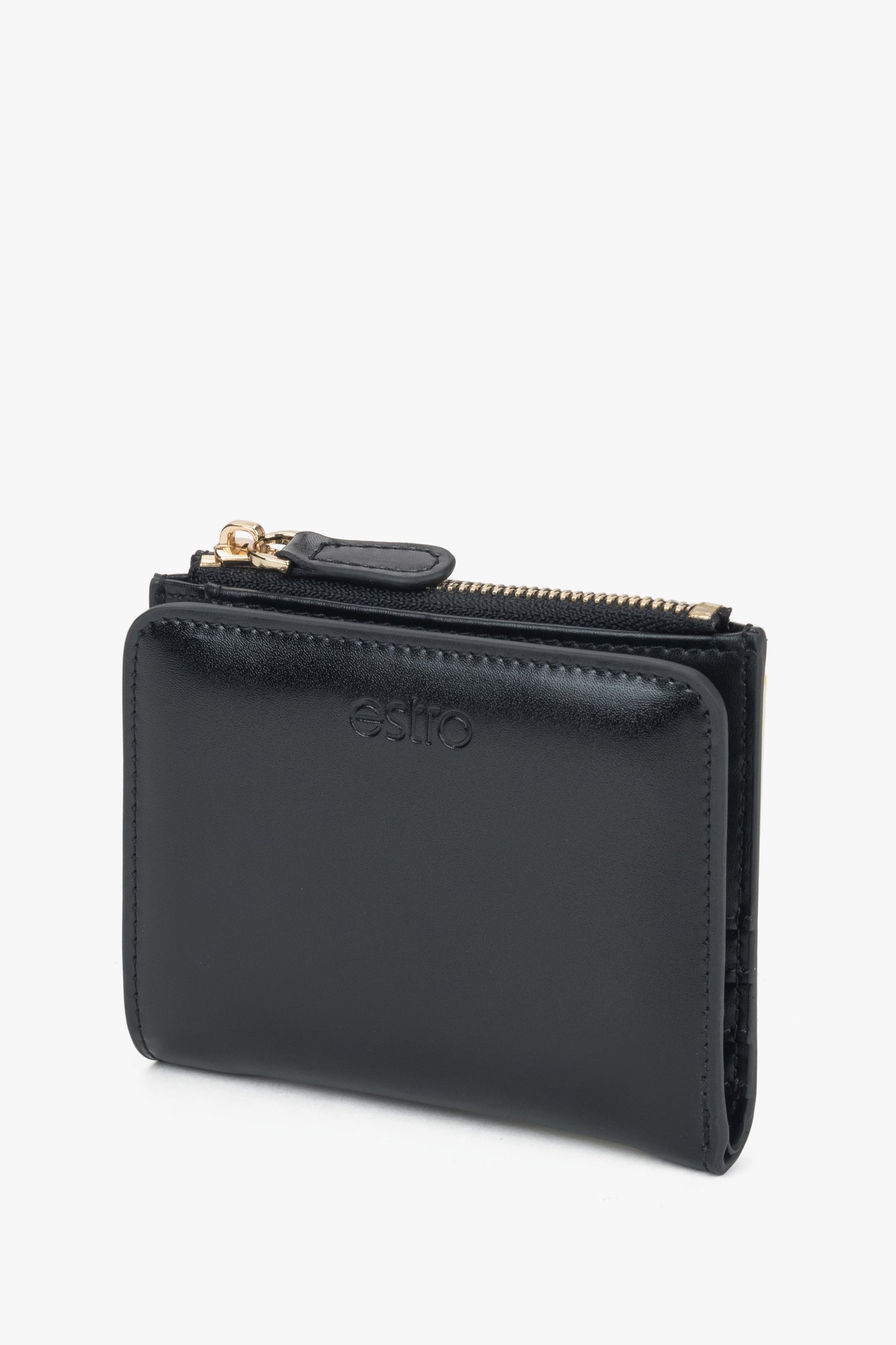 Portfel damski, mały, czarny, ze skóry naturalnej, Estro.