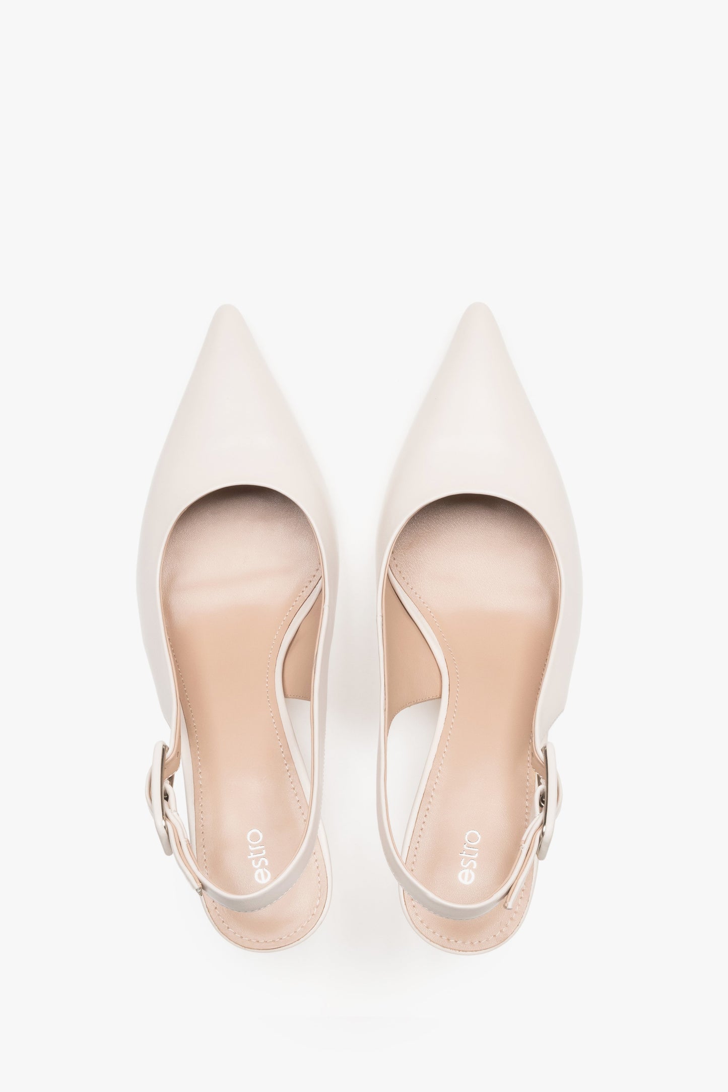 Czółenka damskie typu slingback, mlecznobeżowe, ze skóry naturalnej, na stabilnej szpilce, Estro.
