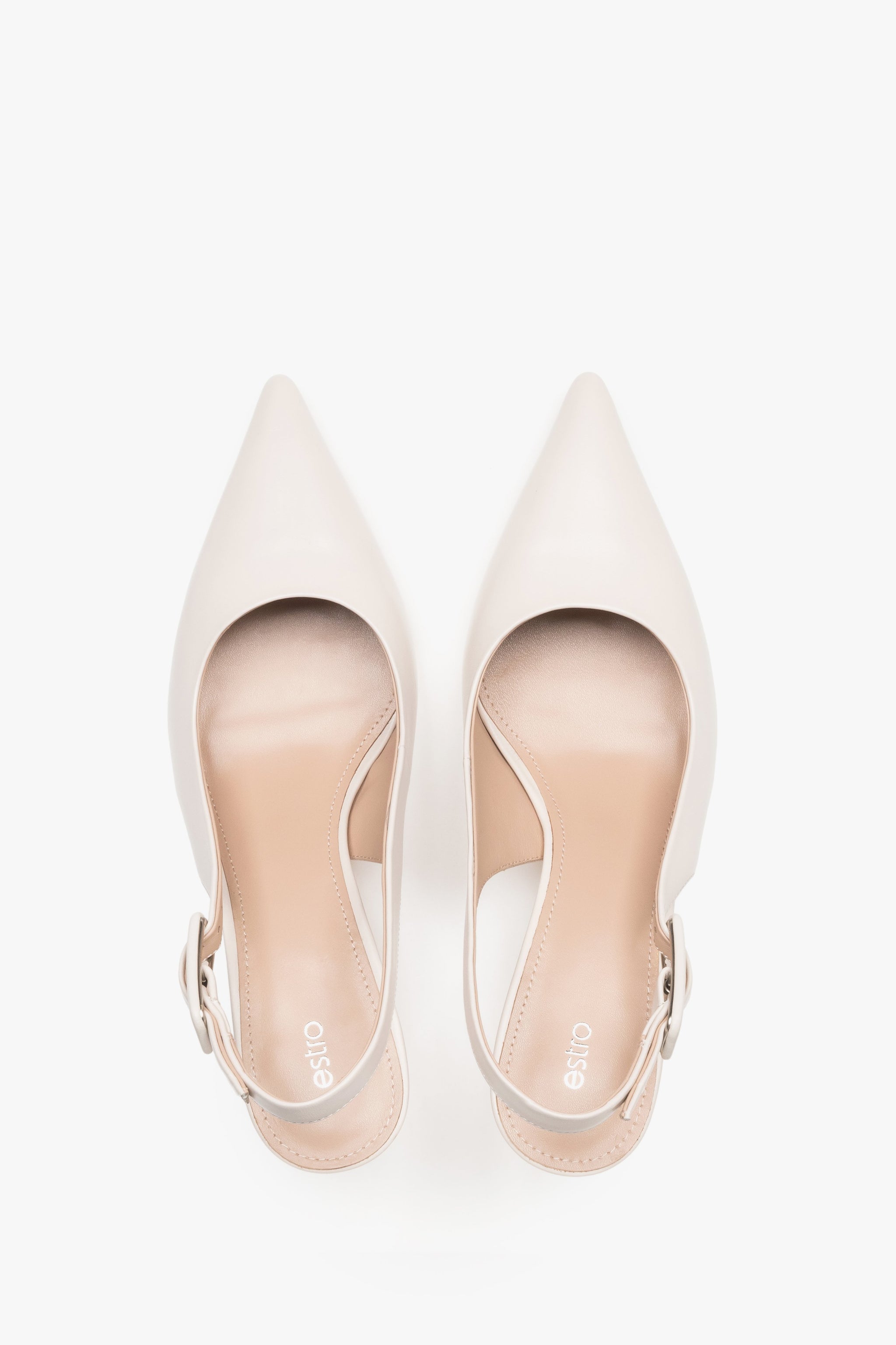 Czółenka damskie typu slingback, mlecznobeżowe, ze skóry naturalnej, na stabilnej szpilce, Estro.
