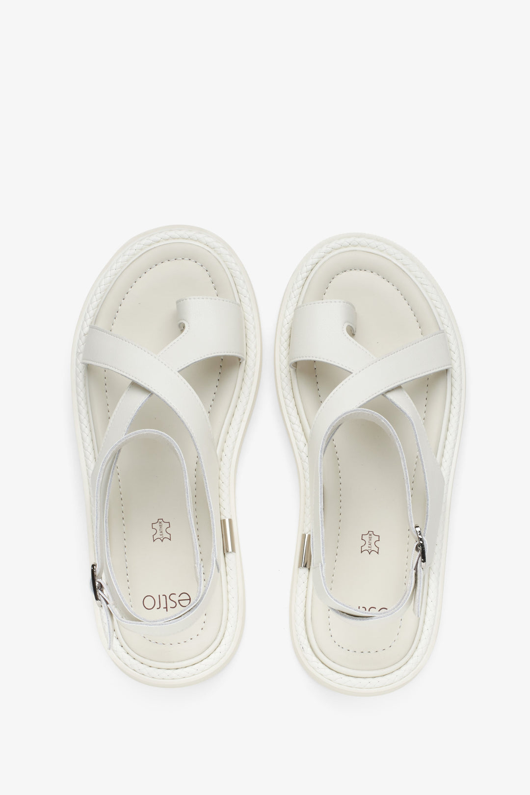 Sandały damskie casualowe, mlecznobiałe, na grubej podeszwie, ze skóry naturalnej, Estro.