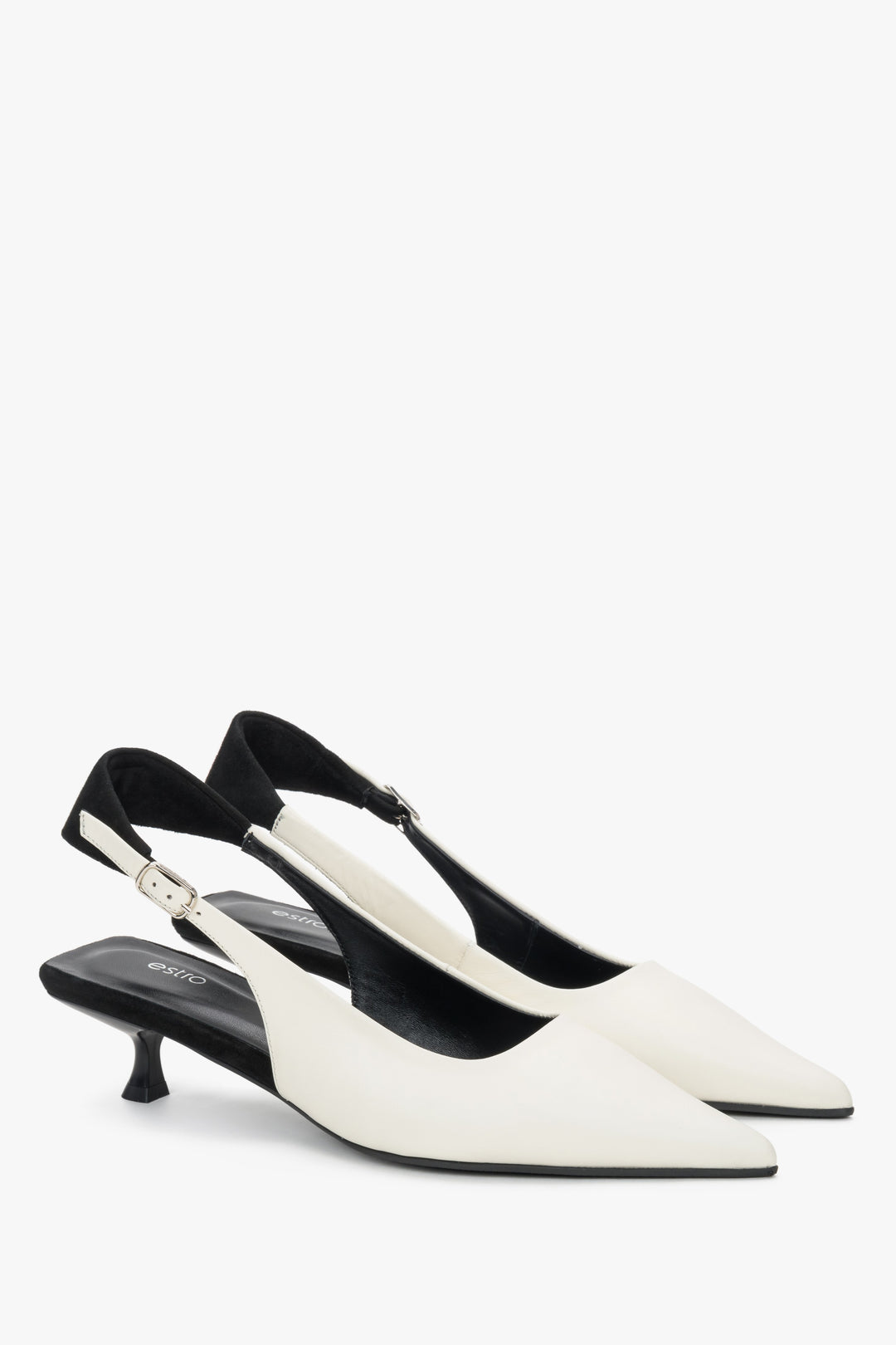Mlecznobiało-czarne czółenka damskie typu slingback na obcasie kitten heel ER00119766.