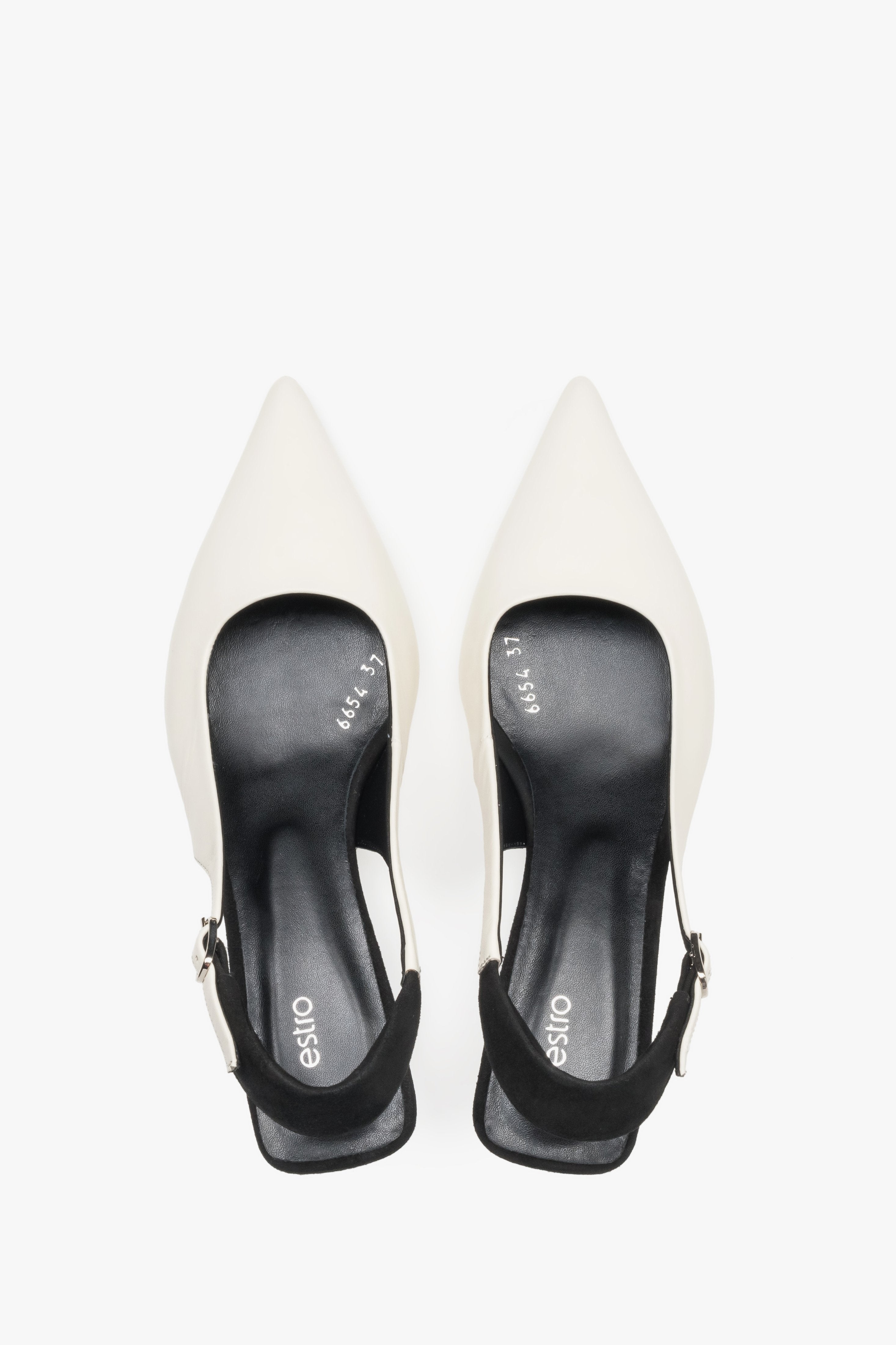 Czółenka damskie typu slingback, mlecznobiało-czarne, na obcasie kitten heel, Estro ER00119766.