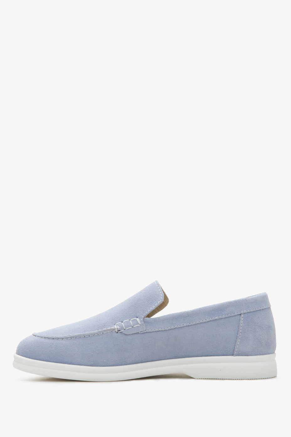 Niebieskie buty damskie typu mokasyny z naturalnej skóry welurowej premium Estro.
