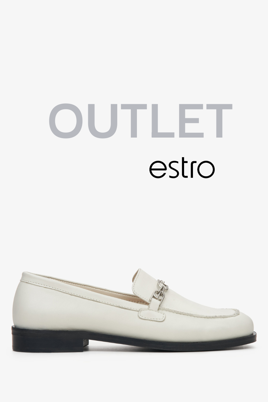 Mleczno-beżowe mokasyny damskie ze skóry naturalnej ze srebrnym łańcuszkiem Estro OUTLET