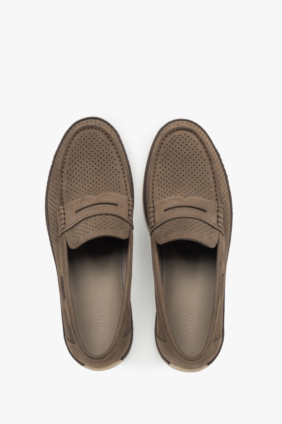 Mokasyny męskie, khaki, z nubuku naturalnego, z ozdobną perforacją, Estro.