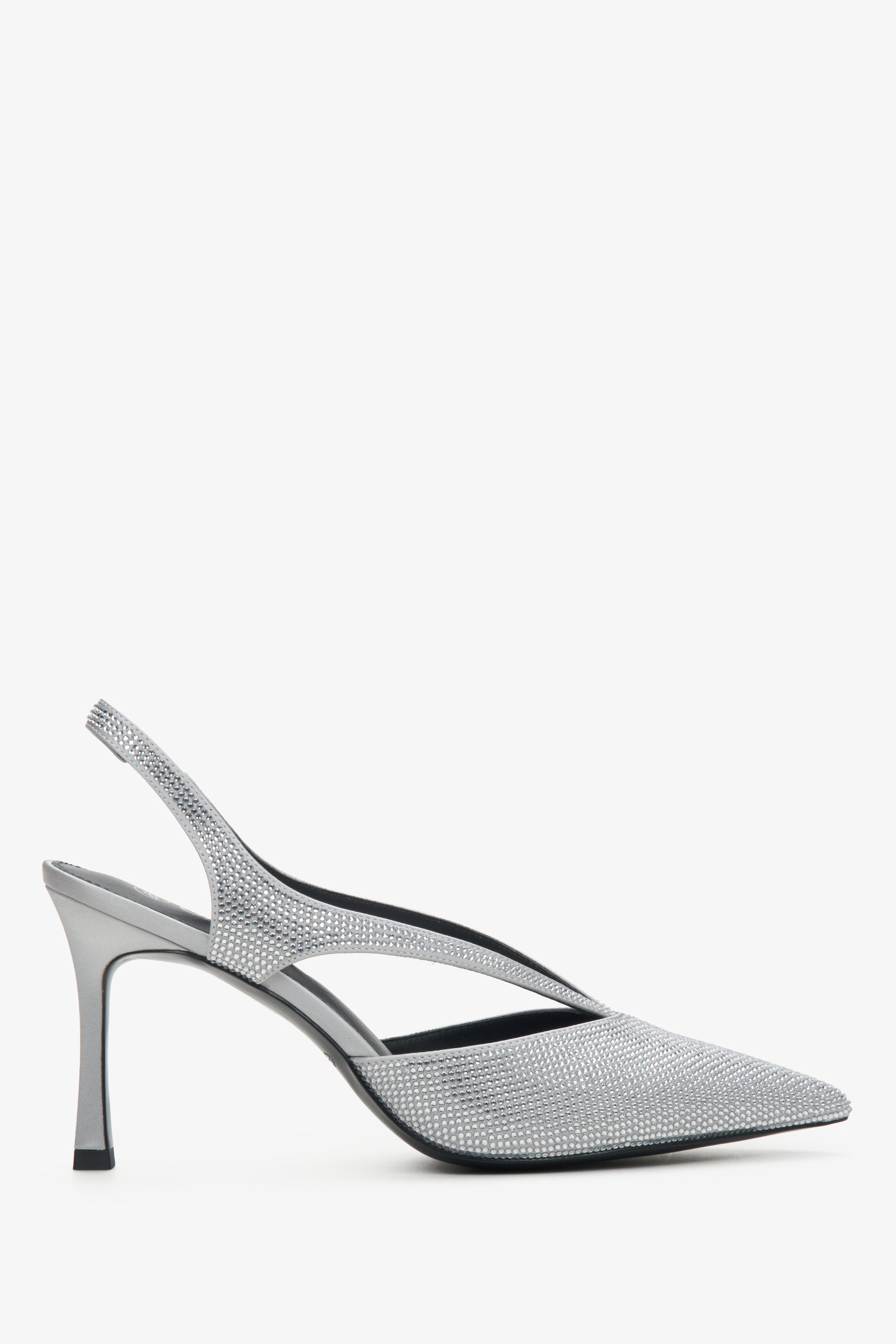 Srebrne czółenka damskie typu slingback z kryształkami Estro ER00114305