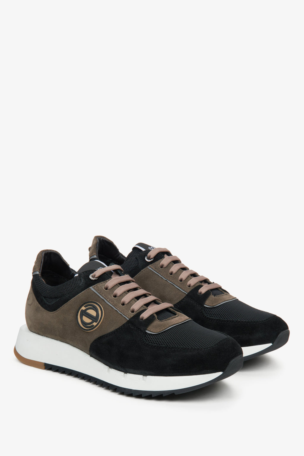Skórzano-welurowe czarno-brązowe sneakersy męskie Estro.