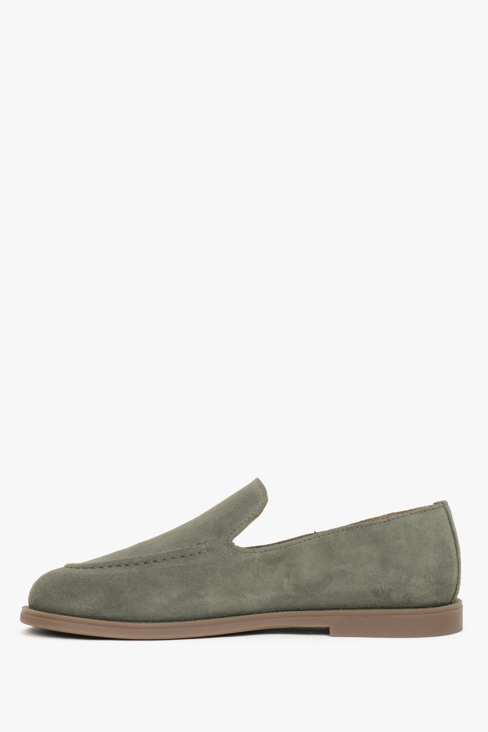 Mokasyny damskie typu barefoot, oliwkowe, z włoskiego weluru naturalnego Premium, Estro.