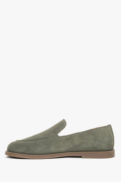 Mokasyny damskie typu barefoot, oliwkowe, z włoskiego weluru naturalnego Premium, Estro.