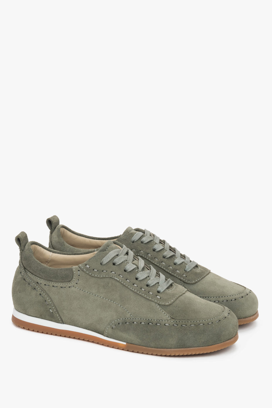 Oliwkowe trampki damskie typu barefoot z włoskiego weluru naturalnego Premium Estro ER00119621.