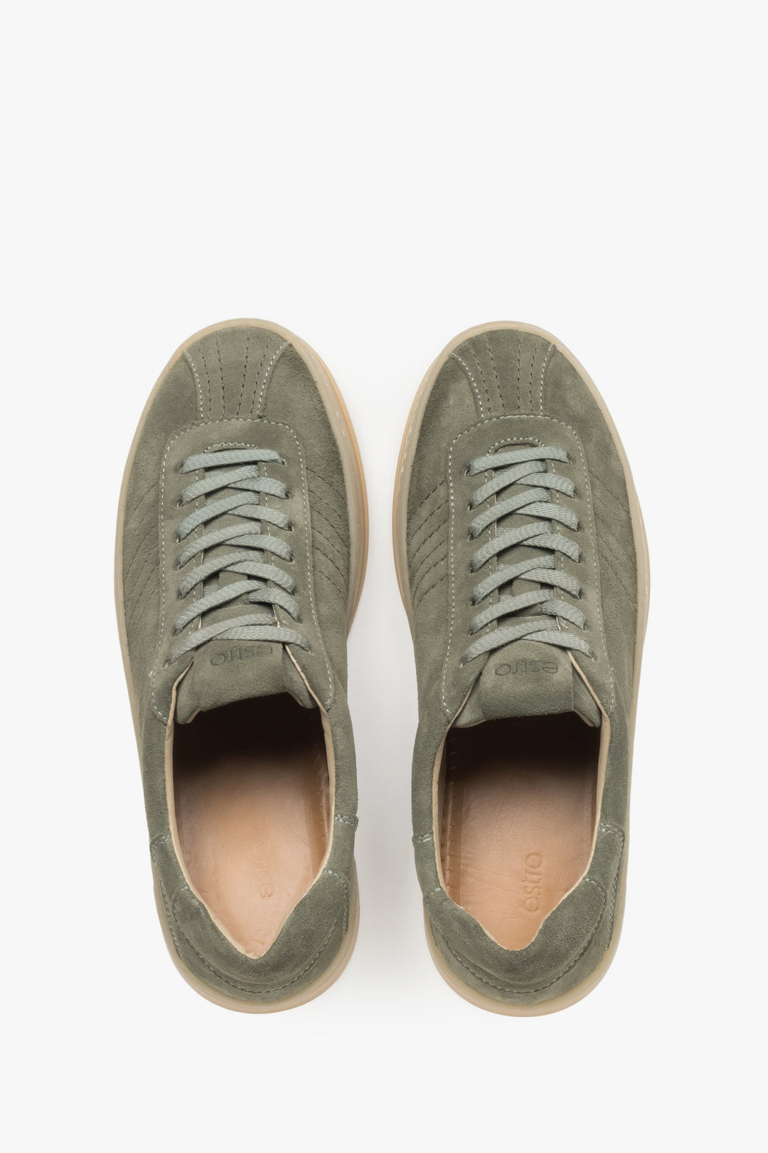 Trampki damskie, oliwkowe, z włoskiego weluru naturalnego Premium, Estro.