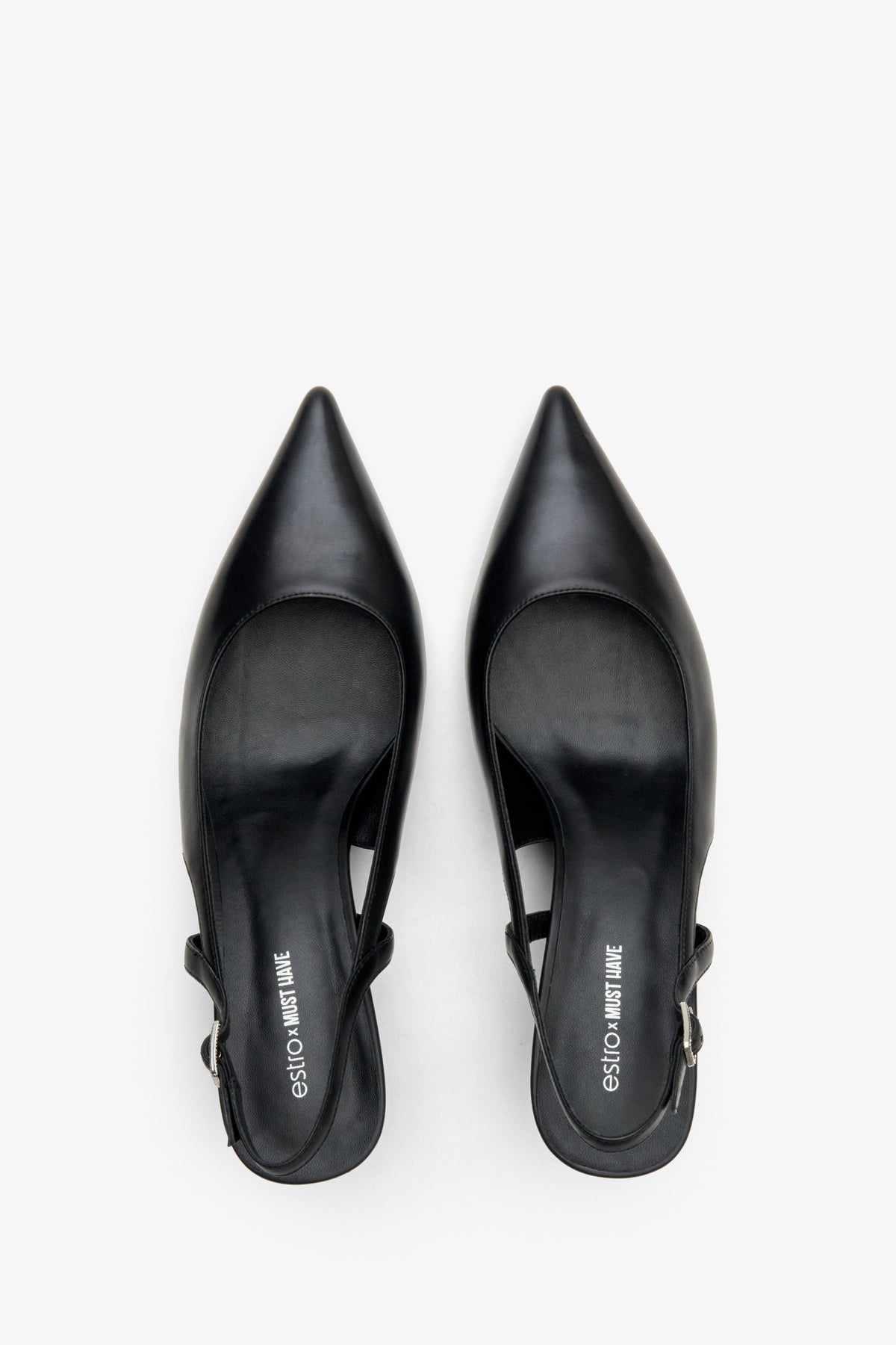 Skórzane slingbacki Estro x MustHave w kolorze czarnym - prezentacja obuwia z góry.