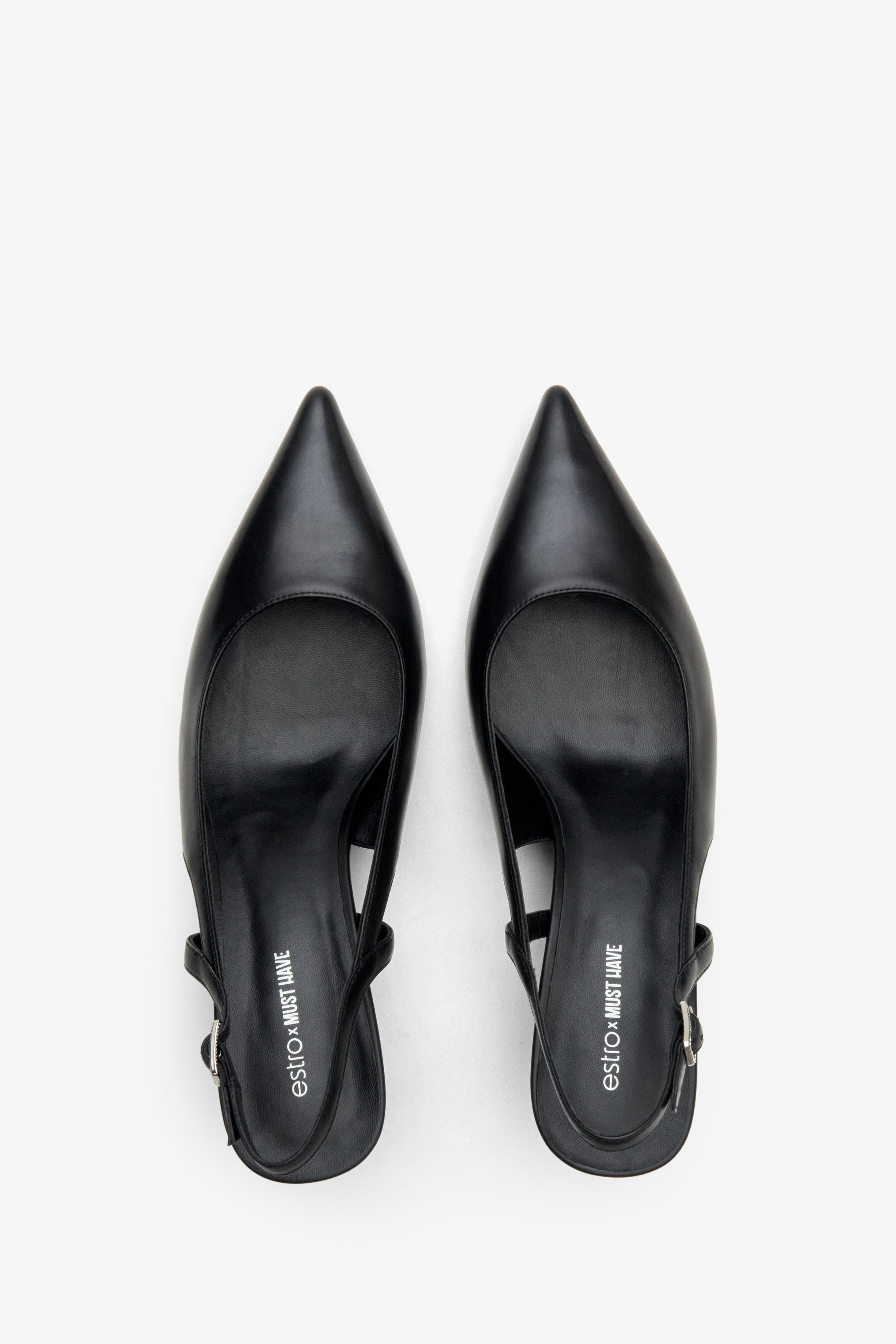 Skórzane slingbacki Estro x MustHave w kolorze czarnym - prezentacja obuwia z góry.
