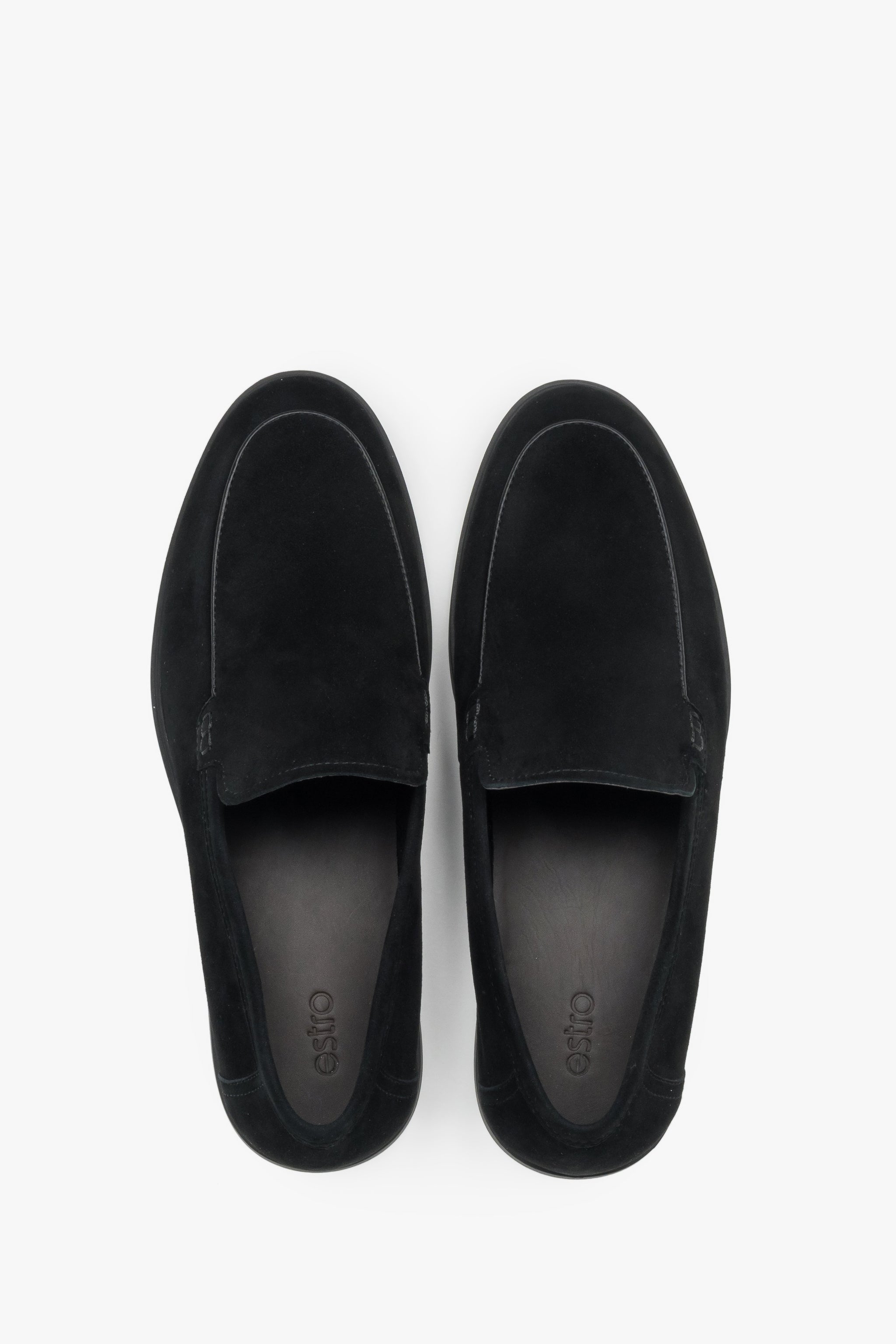 Loafersy męskie podłużne, czarne, z weluru naturalnego, Estro.