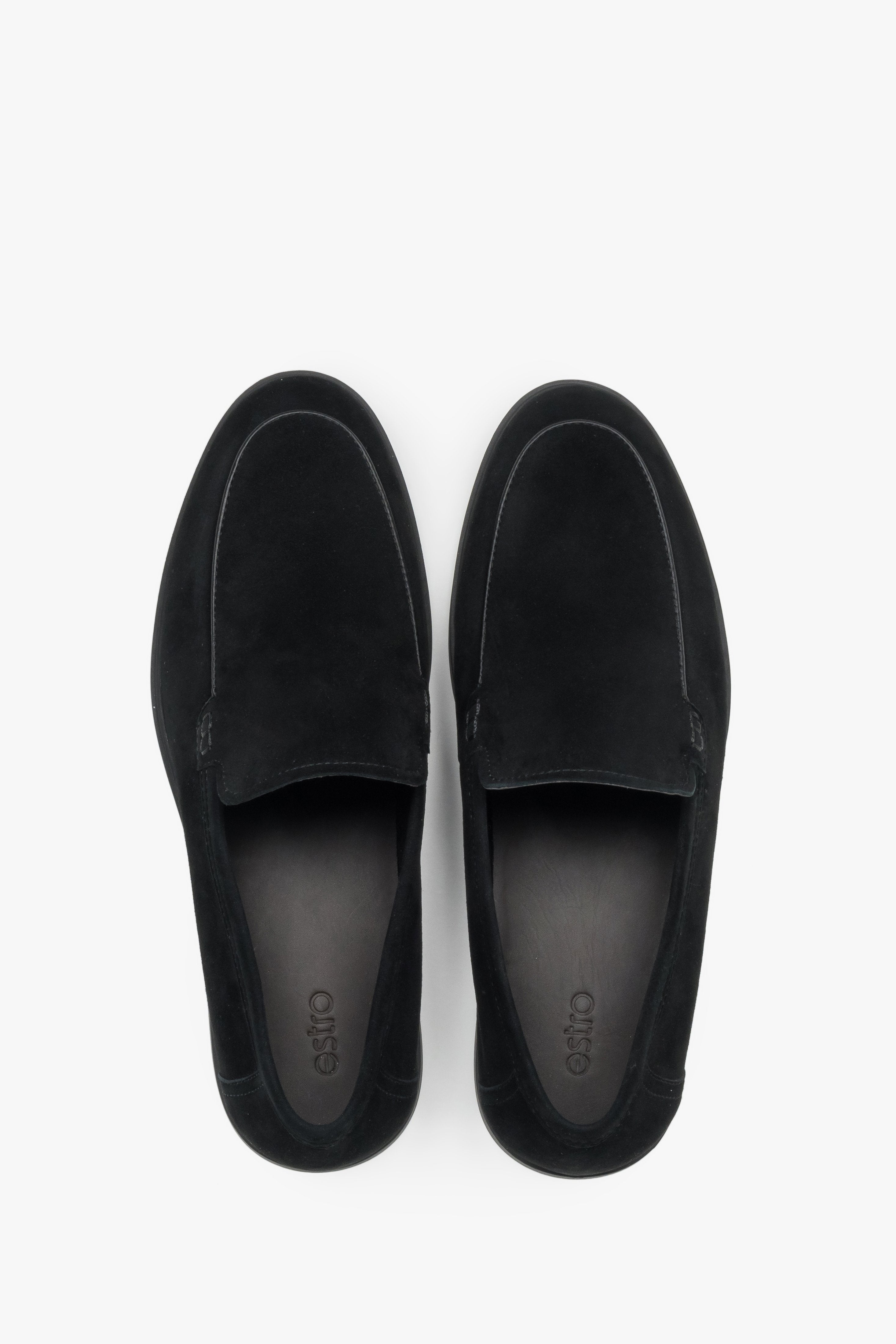 Loafersy męskie podłużne, czarne, z weluru naturalnego, Estro.