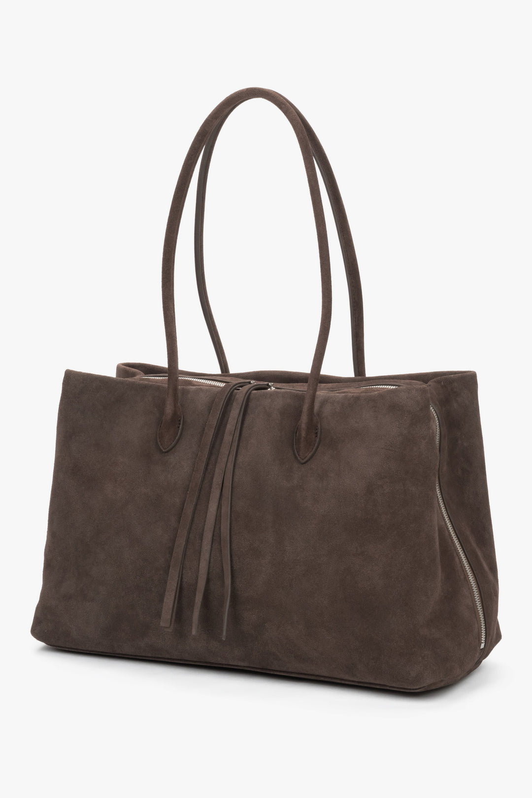 Damska pojemna ciemnobrązowa torba na ramię typu tote z weluru naturalnego Estro.