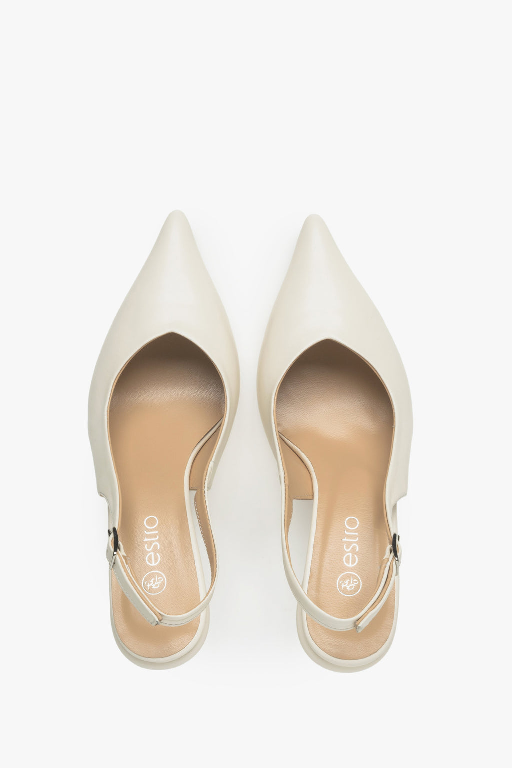 Damskie skórzane czółenka typu slingback w kolorze białym - prezentacja modelu z góry.