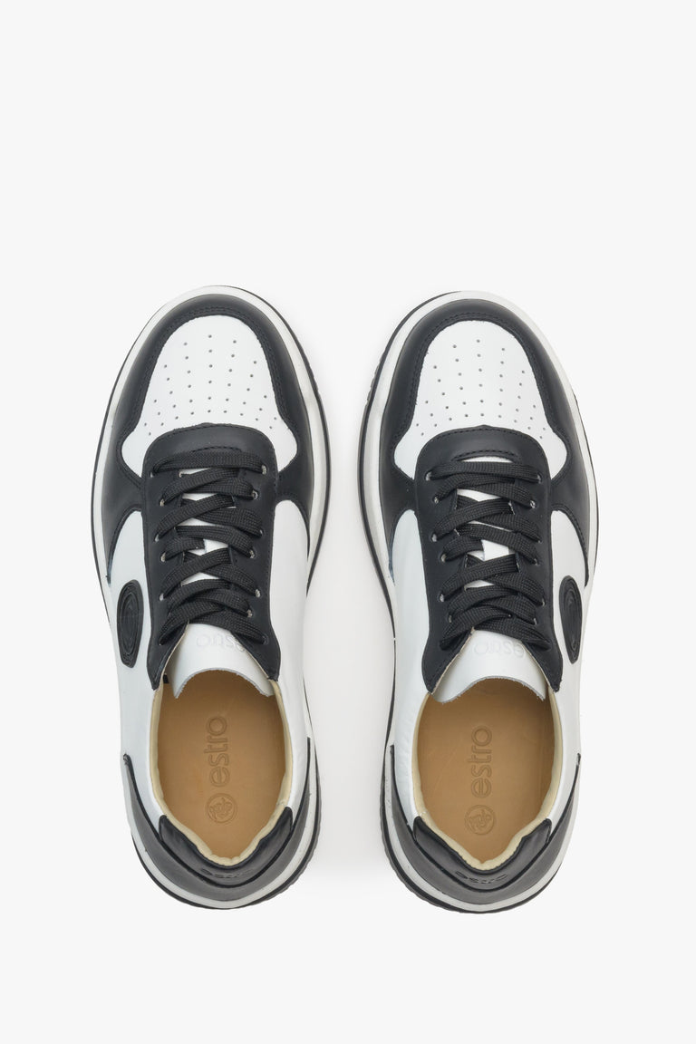 Damskie, skórzane sneakersy Estro w kolorze czarnym i białym - prezentacja modelu z góry.