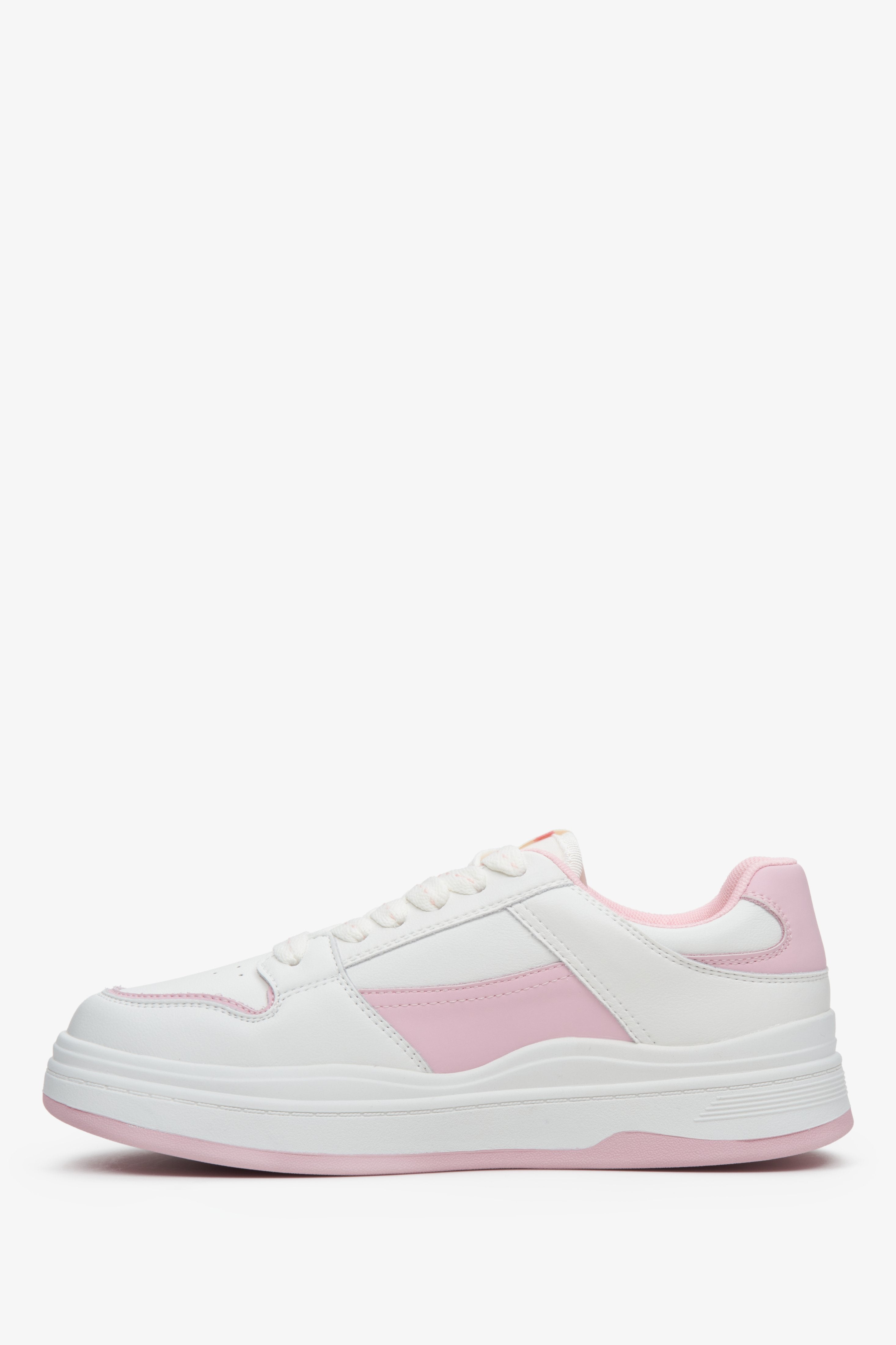 Stylowe, sportowe trampki damskie ze skóry naturalnej ES 8 w kolorze biało-różowym, profil buta.