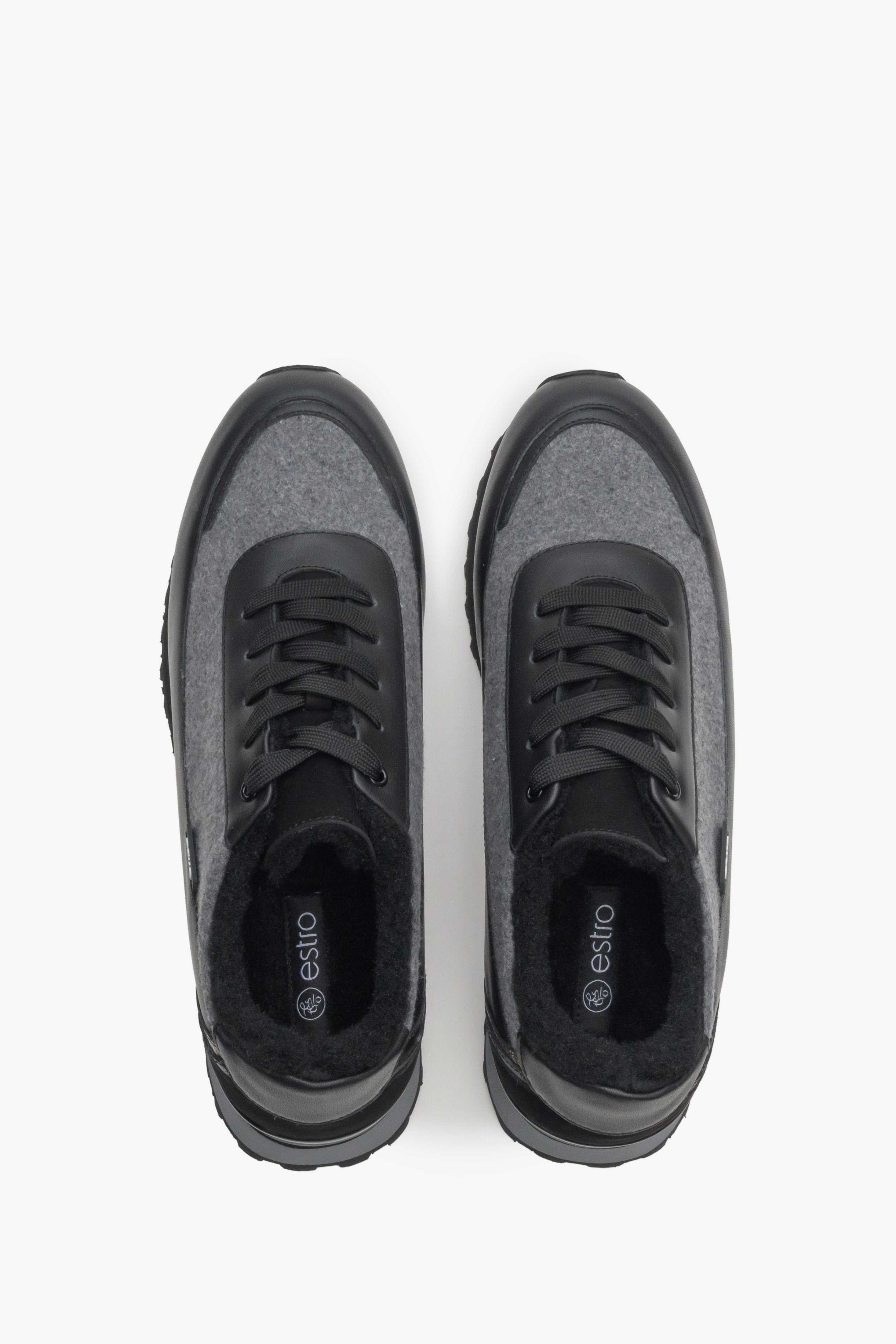 Czarno-szare skórzano-tekstylne sneakersy damskie z ociepleniem Estro - prezentacja modelu z góry.