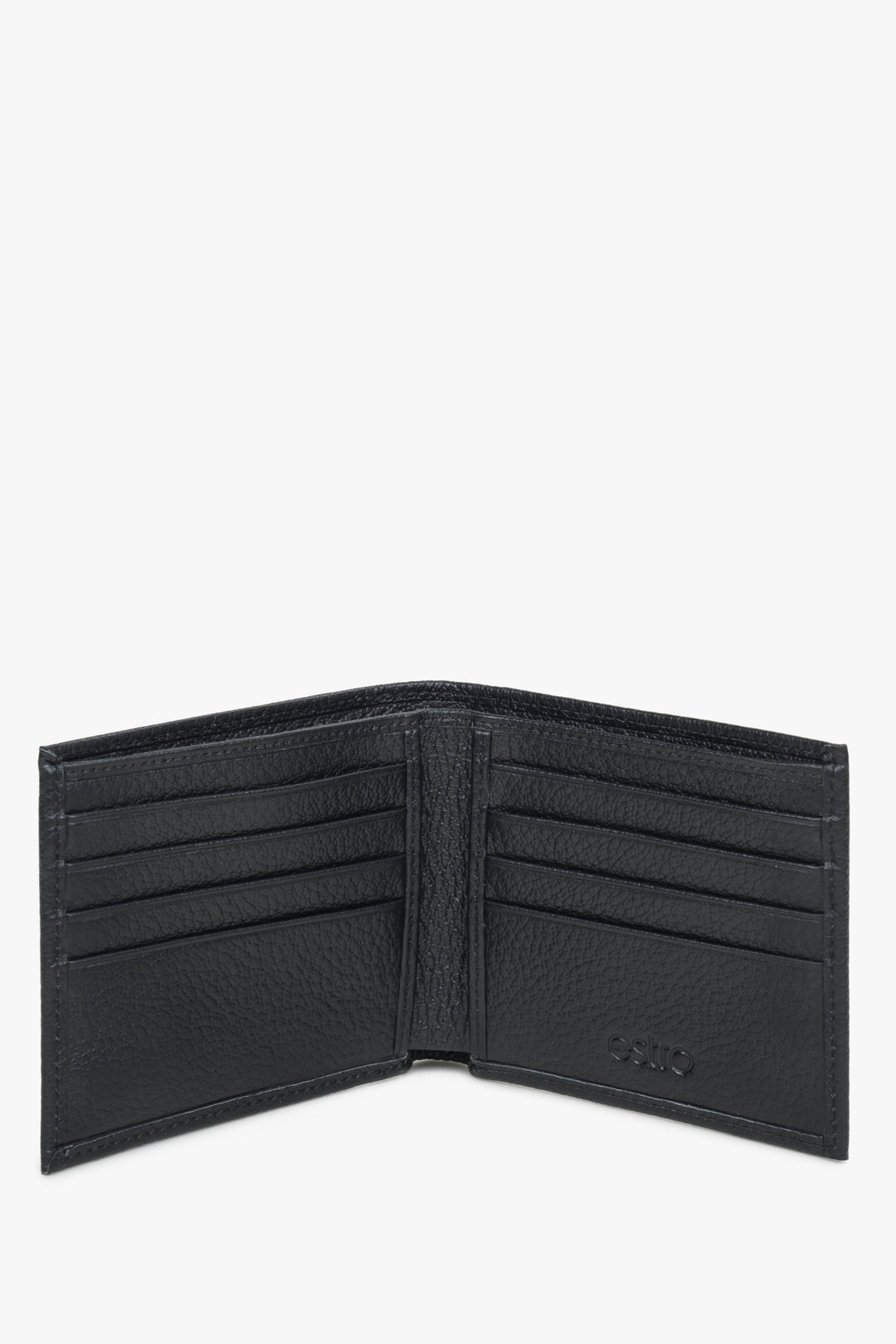 Skórzany kompaktowy portfel męski w kolorze czarnym - prezentacja wnętrza modelu.