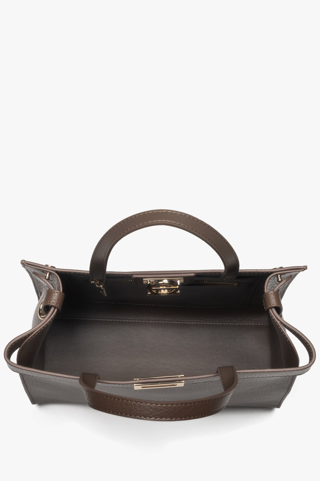 W kolorze mokka, skórzana torebka damska typu tote ze złotymi okuciami Estro.