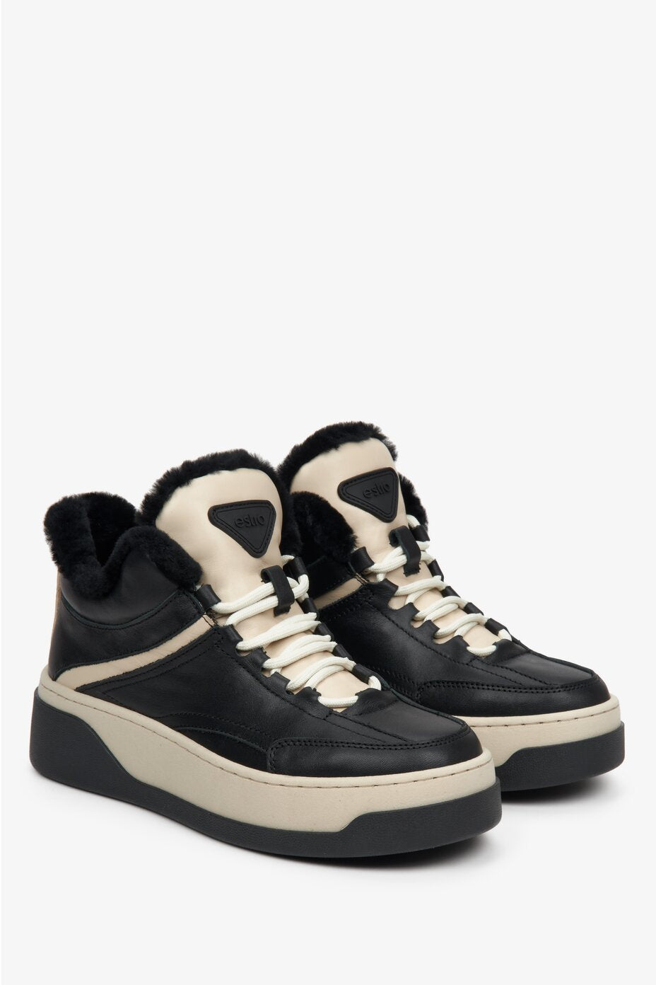 Czarno-beżowe zimowe sneakersy damskie z futerkiem Estro ER00112030