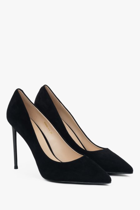 Eleganckie czarne buty damskie na szpilce z naturalnego weluru Estro