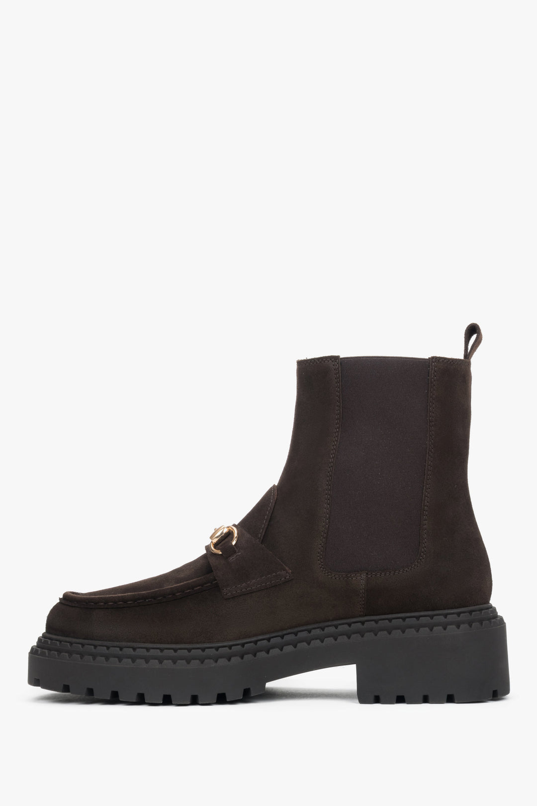 Damskie ciemnobrązowe sztyblety z włoskiego weluru naturalnego Premium ze złotą sprzączką.