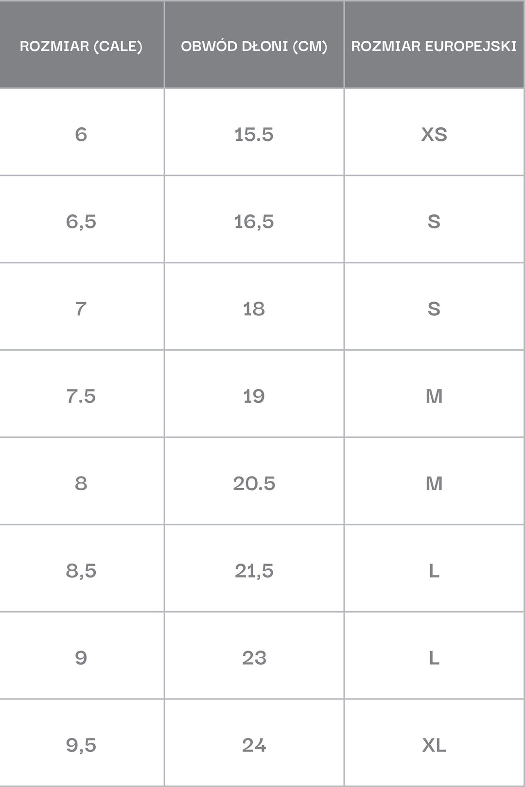 Tabela rozmiarów rękawiczek damskich Estro.