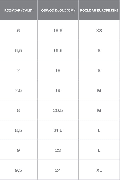 Tabela rozmiarów rękawiczek damskich Estro.