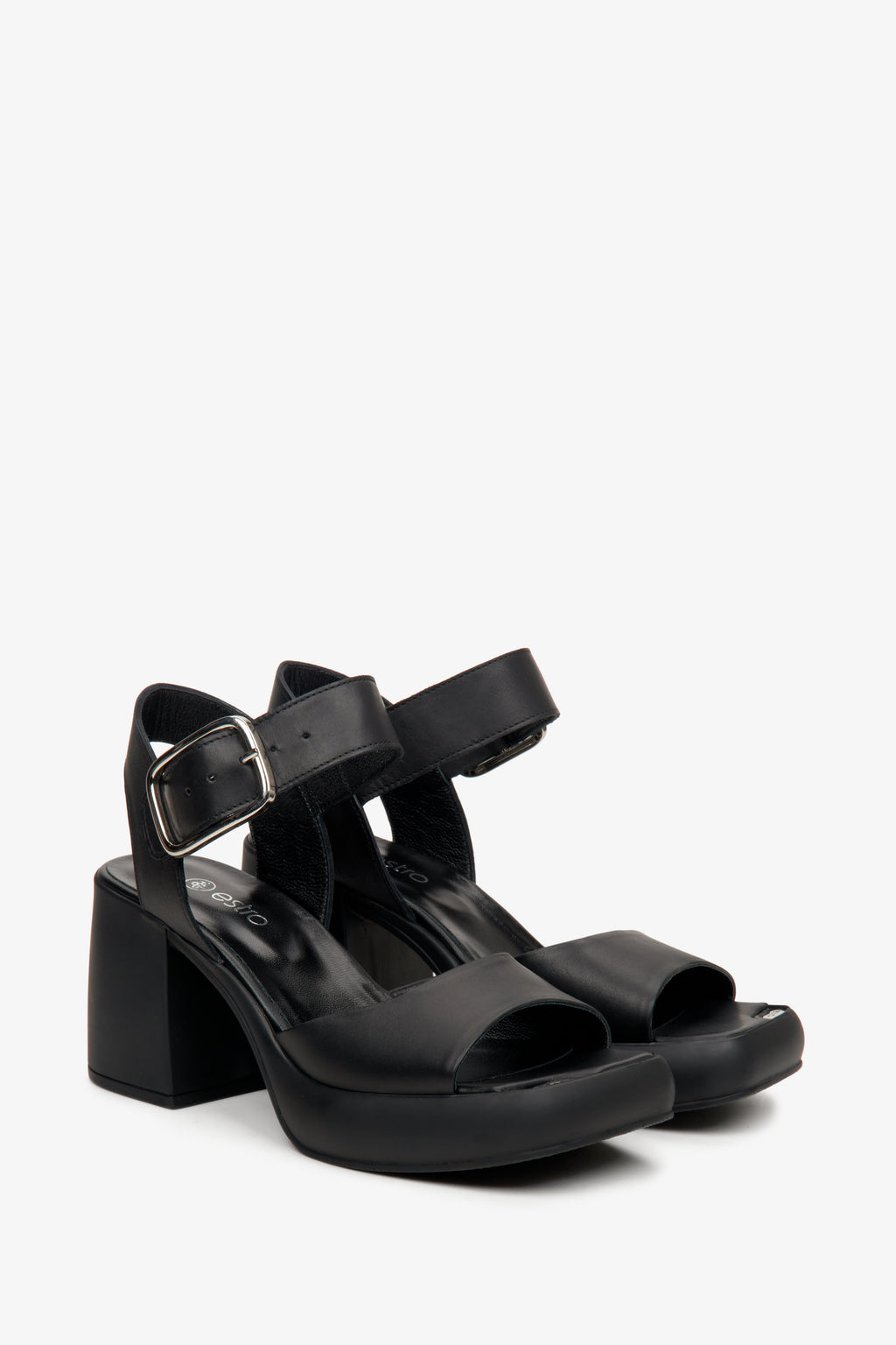 Czarne skórzane sandały damskie na stabilnym obcasie Estro ER00115155