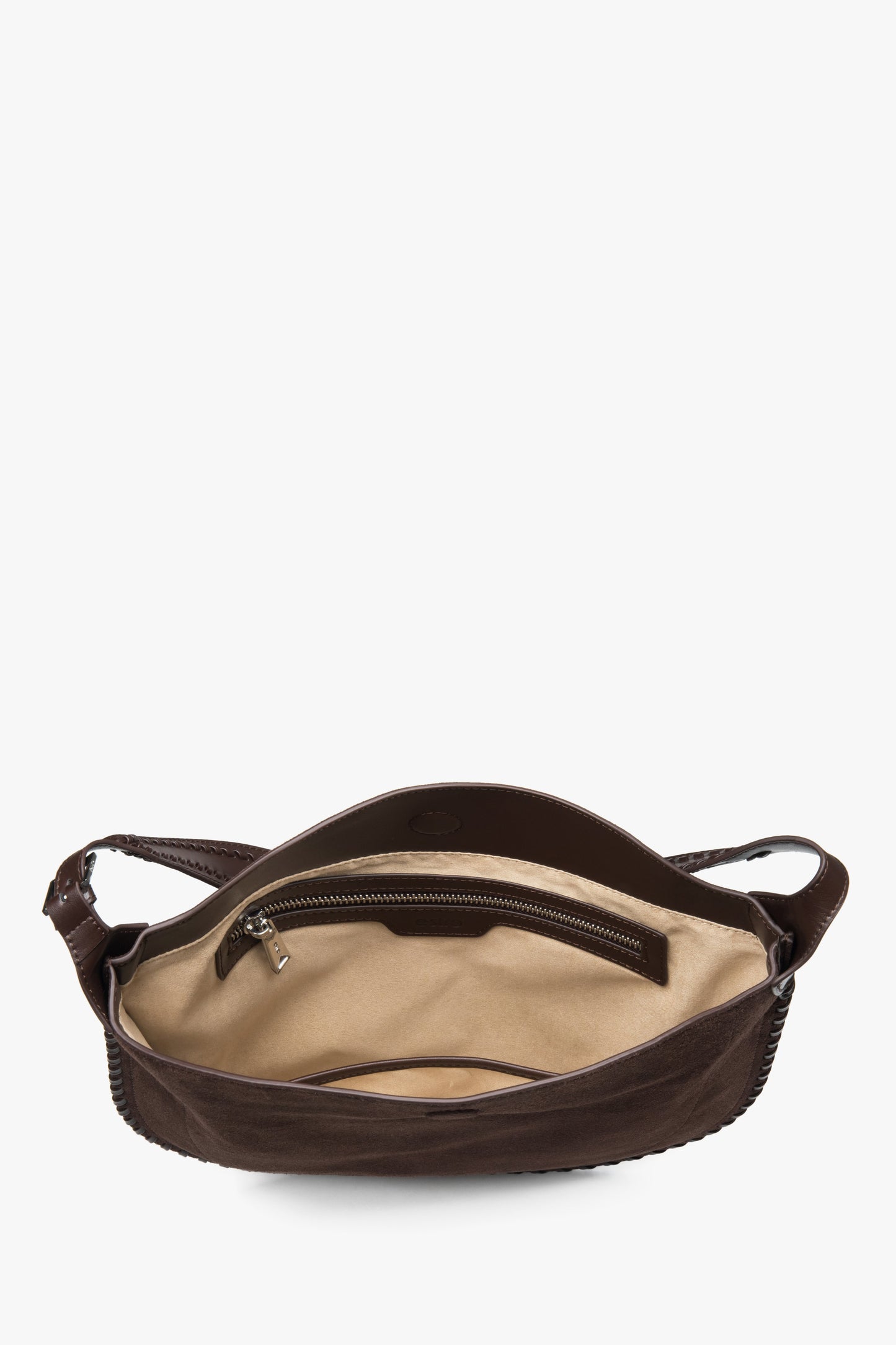 Torebka damska na ramię, ciemnobrązowa, z weluru naturalnego, Estro.