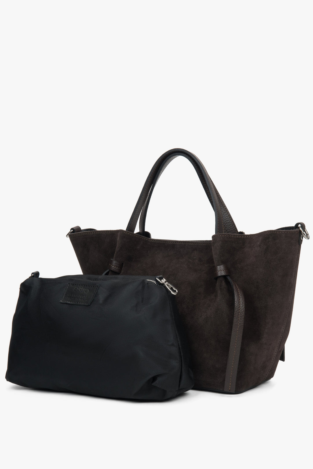 Elegancka ciemnobrązowa torebka typu łódka z naturalnego włoskiego weluru Premium Estro, model ER00118158.