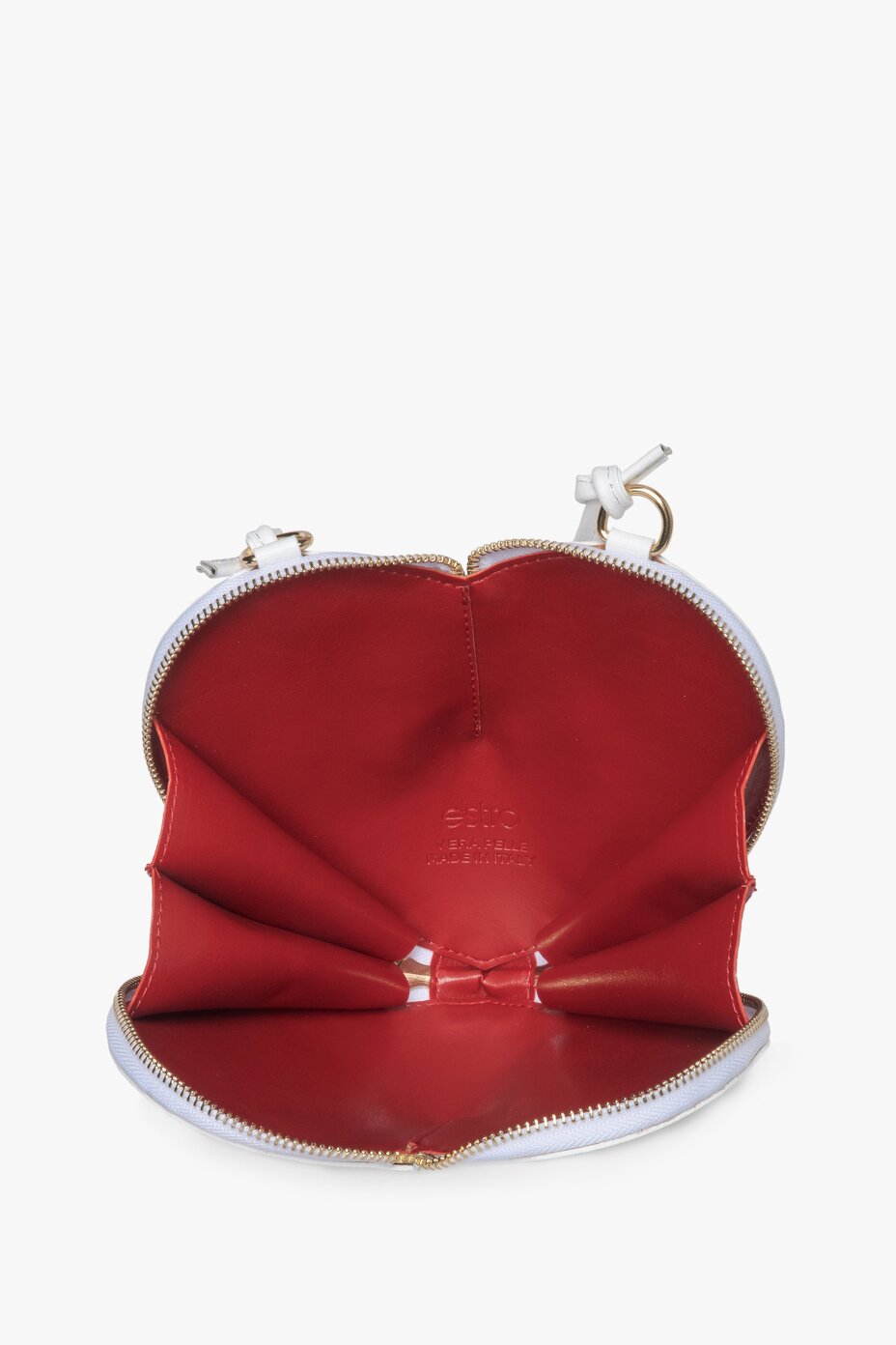 Torebka w kształcie serca w białym kolorze - prezentacja wnętrza.