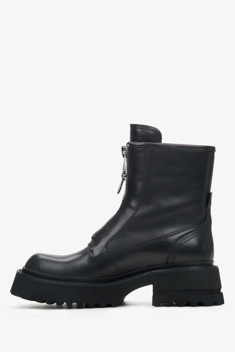 Damskie czarne botki Estro ze srebrnym suwakiem ze skóry naturalnej - profil buta.