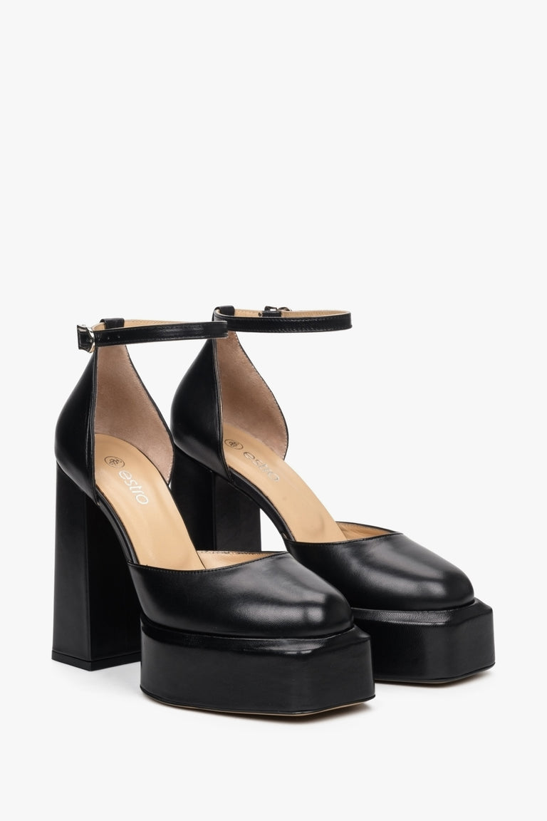 Sandały damskie czarne ze skóry naturalnej Estro - profil butów.