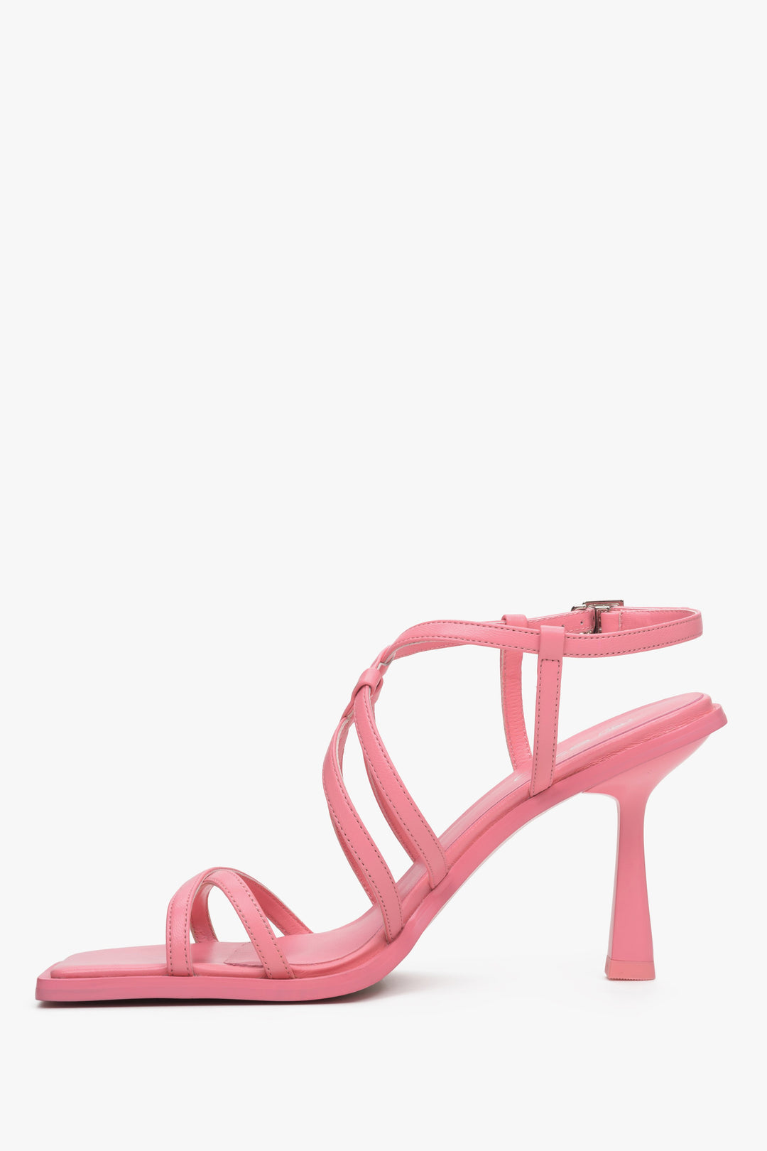 Damskie, skórzane sandały damskie na wysokim obcasie Estro w kolorze różowym - profil butów.