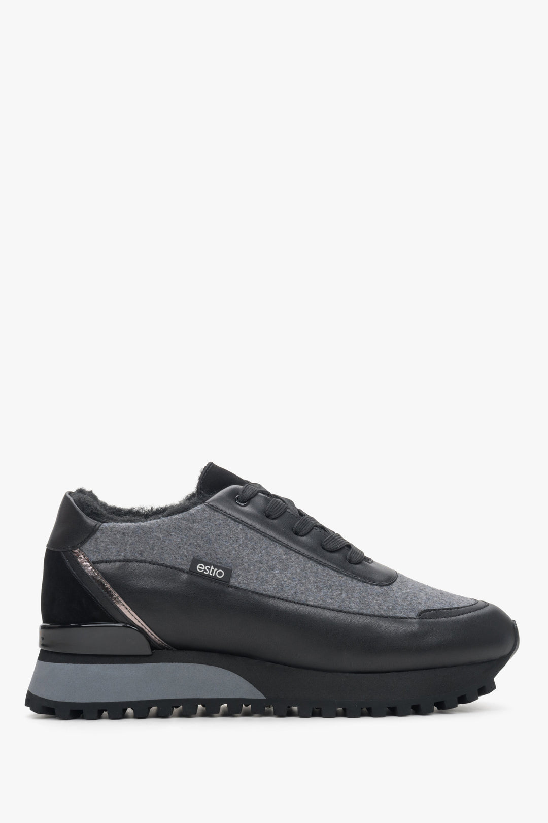 Czarno-szare skórzane sneakersy damskie na zimę z futrzanym wypełnieniem Estro ER00114141