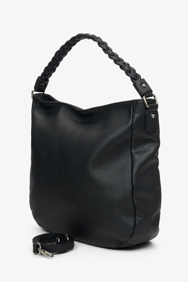Pojemna torebka shopperka damska ze skóry naturalnej Estro na ramię, kolor czarny.