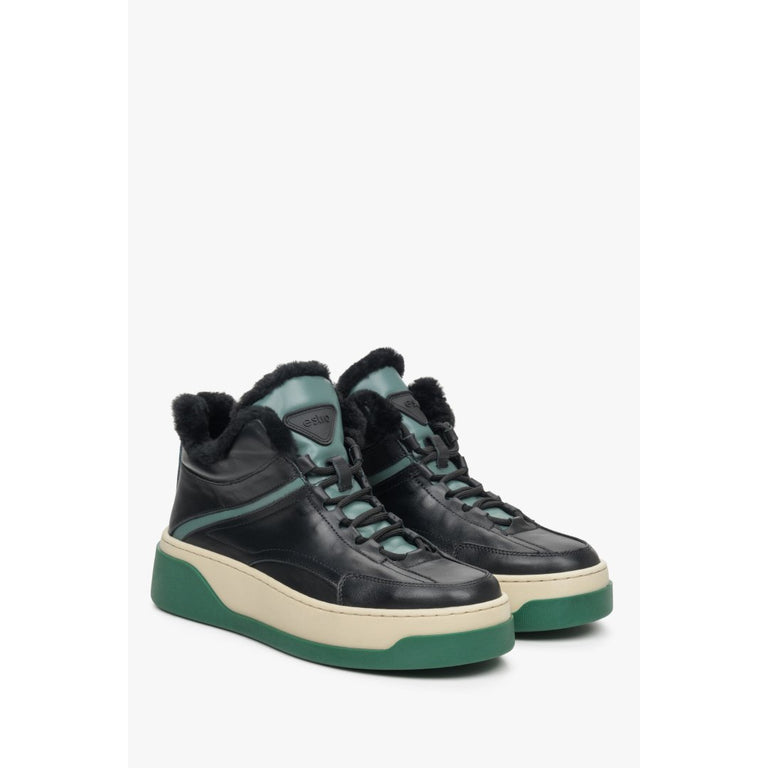 Wysokie sneakersy na zimę z naturalnej skóry w kolorze czarno-zielonym.